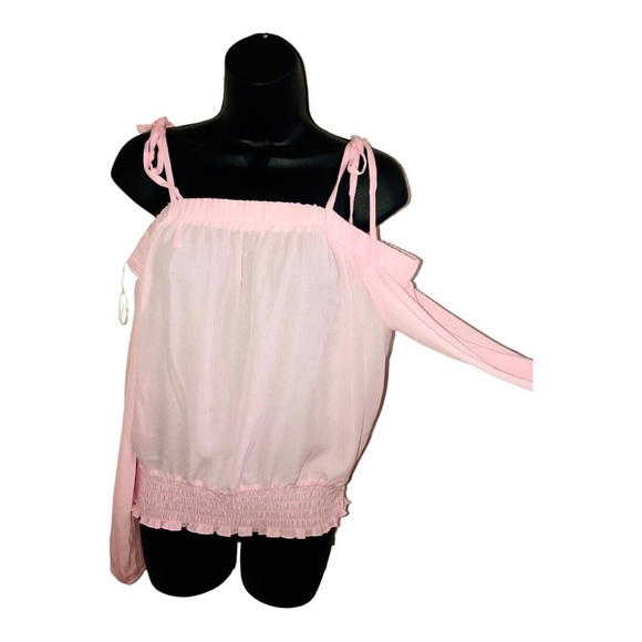 Pink cold shoulder sheer long sleeve smocked cuff waist blouse top size‎ medium - Picture 7 of 10